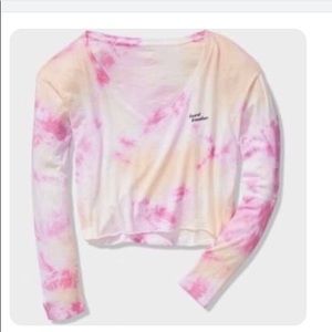 NEW PINK Victoria’s Secret Crop Top White Pink Long Sleeve Cotton Lightweight